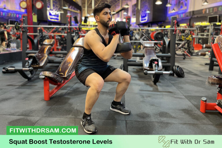 Man doing a barbell back squat, one of the compound lifts that raises testosterone most after training