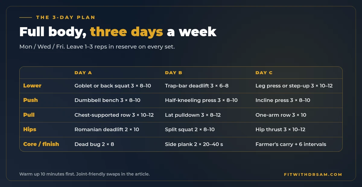 Chart of the 3-day workout plan for men over 40 showing day A, day B and day C exercises with sets and reps: squats, presses, rows, hinges, carries and core work