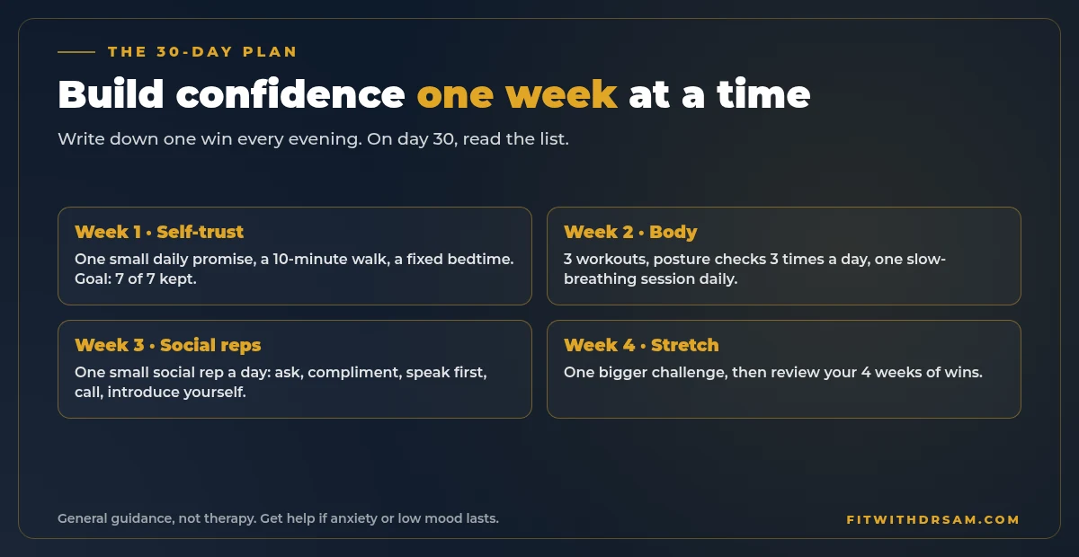Chart of the 30-day confidence plan for men: week 1 keep small promises, week 2 train your body and posture, week 3 social reps, week 4 bigger challenges and review