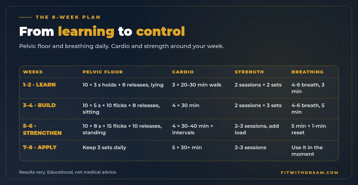 Chart of the 8-week plan to last longer: weeks 1-2 learn, weeks 3-4 build, weeks 5-6 strengthen, weeks 7-8 apply, with pelvic-floor, cardio, strength and breathing targets for each phase