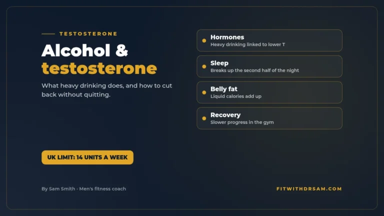 Graphic titled Alcohol and testosterone: what heavy drinking does, why sleep and belly fat matter, and how to cut back without losing your social life