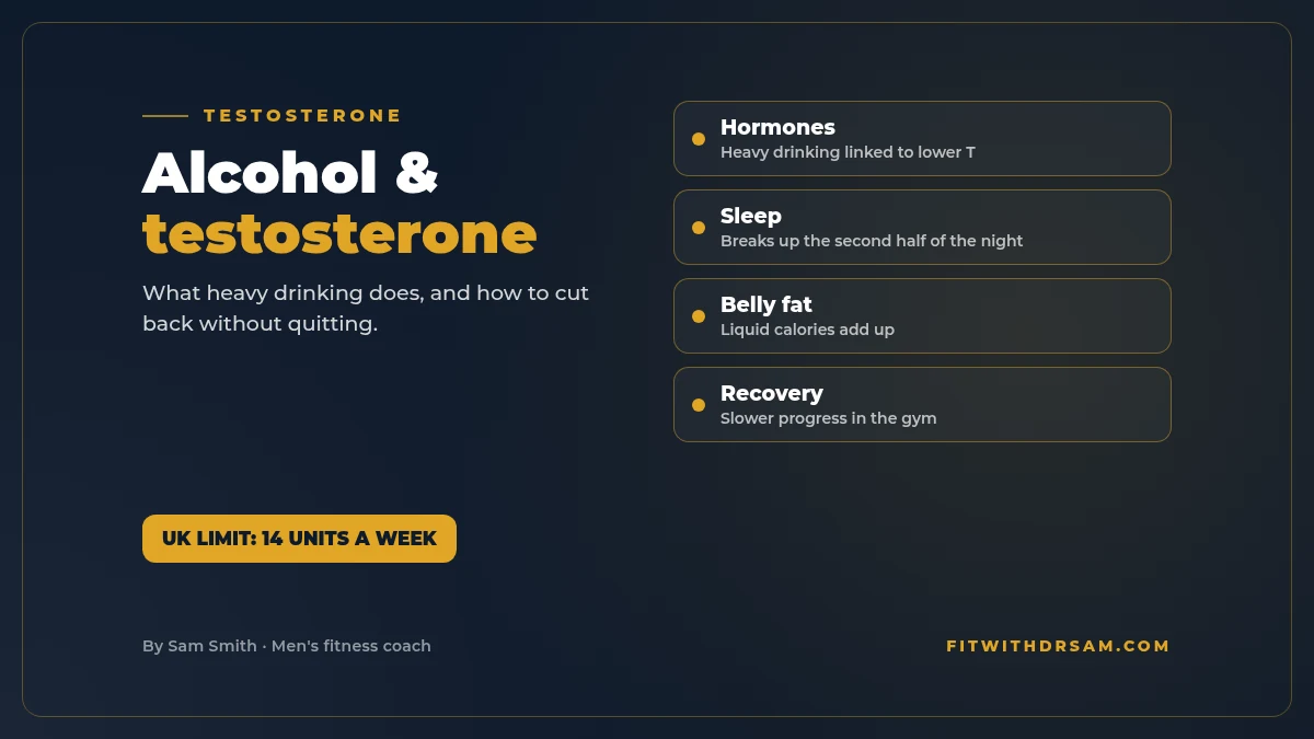 Graphic titled Alcohol and testosterone: what heavy drinking does, why sleep and belly fat matter, and how to cut back without losing your social life