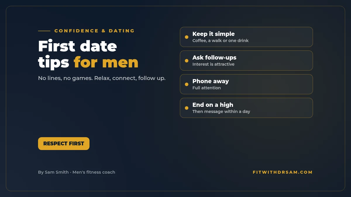 Graphic titled First date tips for men: plan a simple date, ask follow-up questions, put the phone away and end on a high note