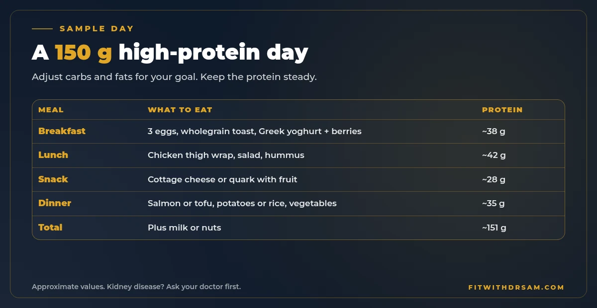 Chart of a sample high-protein day for men: breakfast, lunch, snack and dinner with the protein grams for each meal adding up to about 150 grams