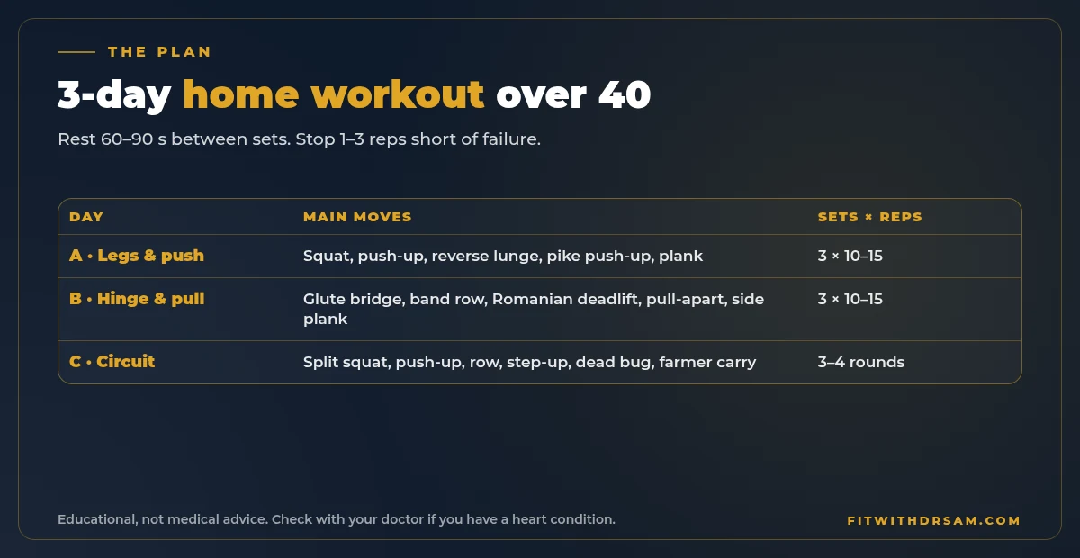 Table of the 3-day home workout for men over 40: Day A legs and push, Day B hinge and pull, Day C full-body circuit, with sets and reps