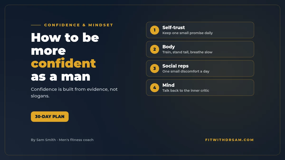 Graphic titled How to be more confident as a man: confidence is built by keeping promises to yourself, training your body, practicing social reps and handling your thoughts