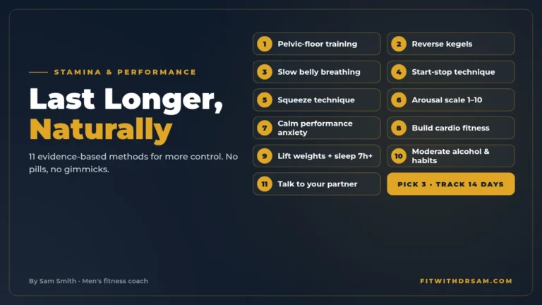 Graphic listing 11 natural methods to last longer: pelvic-floor training, reverse kegels, slow breathing, start-stop, squeeze technique, arousal scale, managing anxiety, cardio, weights and sleep, moderating habits and talking to your partner