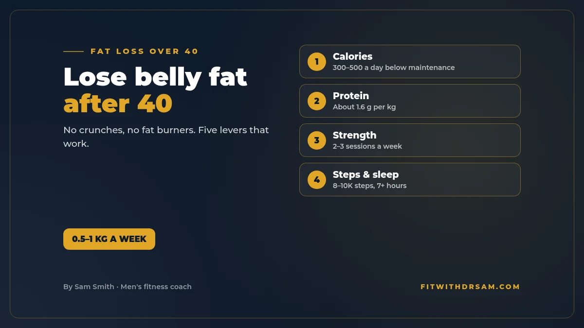 Graphic titled How to lose belly fat for men over 40: a small calorie deficit, high protein, strength training, 8,000 to 10,000 steps and 7 hours of sleep