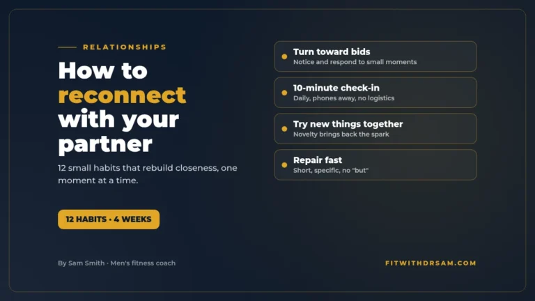 Graphic titled How to reconnect with your partner: 12 small habits that rebuild closeness, such as turning toward bids, a daily 10-minute check-in and trying new things together