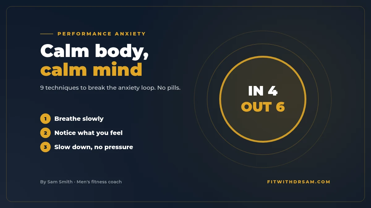 Graphic titled Calm body, calm mind: a breathing circle reading in 4, out 6, and three steps: breathe slowly, notice what you feel, slow down with no pressure