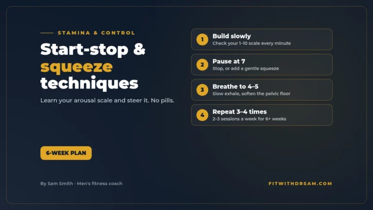 Graphic titled Start-stop and squeeze techniques: on an arousal scale of 1 to 10, pause at about 7, breathe until you drop to 4 or 5, then start again, repeated 3 to 4 times