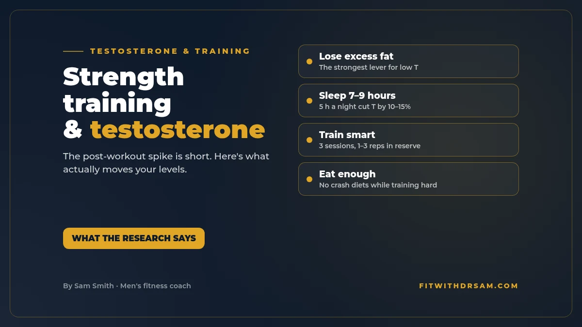 Graphic titled Strength training and testosterone: what actually raises it, losing excess fat, sleeping 7 to 9 hours, training smart and eating enough