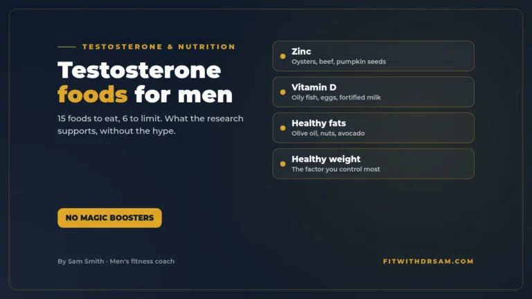 Graphic titled Testosterone foods for men: the nutrients that matter, zinc, vitamin D, healthy fats, protein and a healthy weight