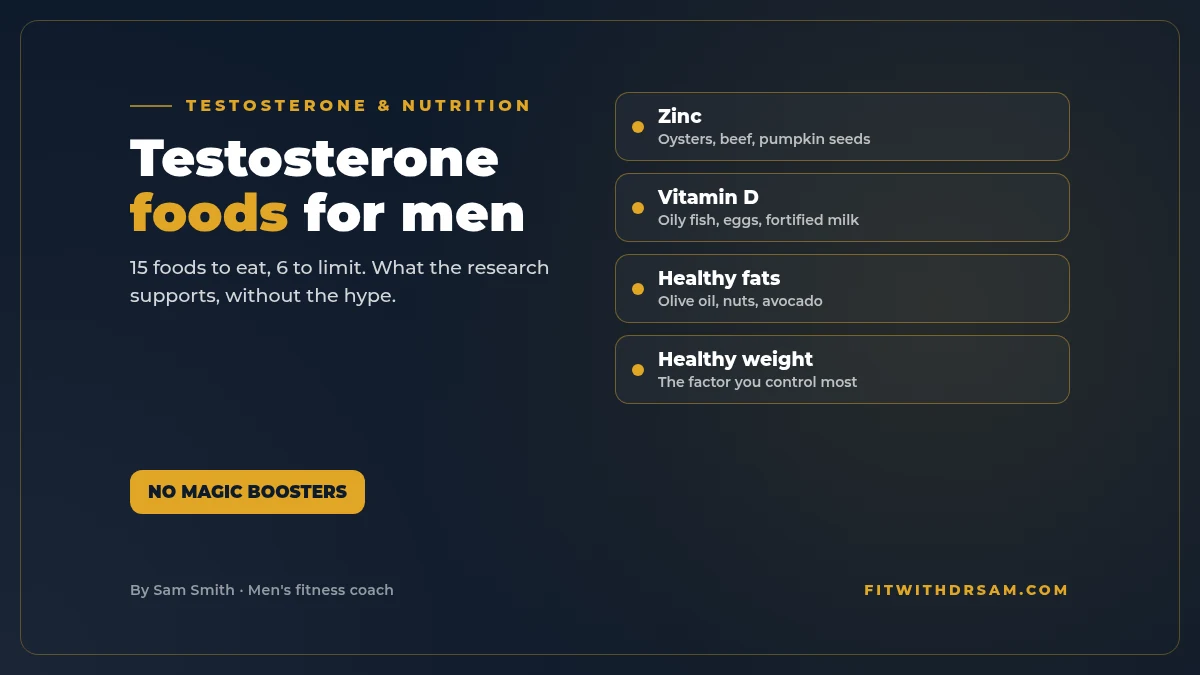 Graphic titled Testosterone foods for men: the nutrients that matter, zinc, vitamin D, healthy fats, protein and a healthy weight