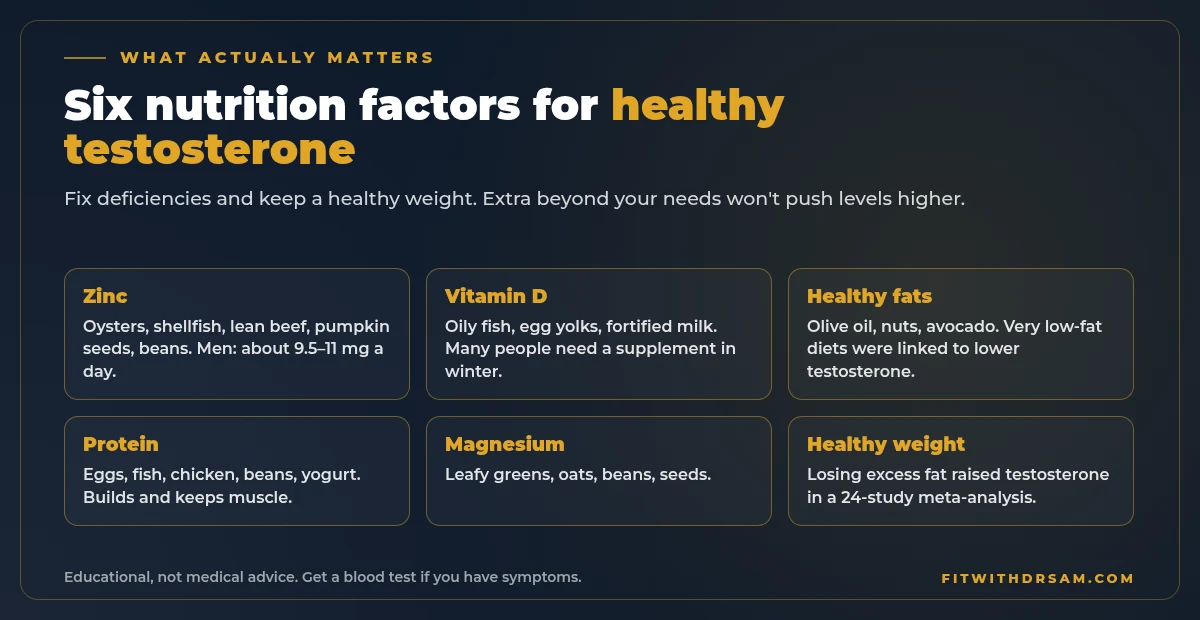 Chart of six nutrition factors that support healthy testosterone, with example foods: zinc from oysters, beef and pumpkin seeds; vitamin D from oily fish, eggs and fortified milk; healthy fats from olive oil, nuts and avocado; protein; magnesium from greens and beans; and a healthy body weight