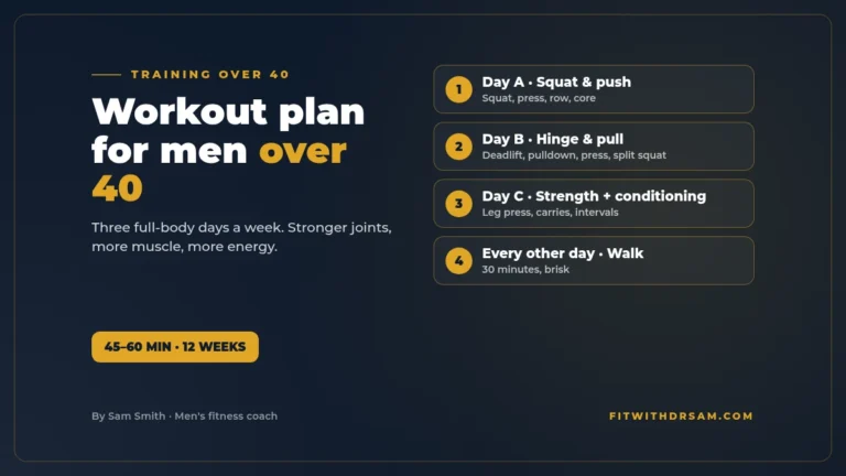 Graphic titled Workout plan for men over 40: three full-body days a week, Monday strength, Wednesday strength and power, Friday strength and conditioning, about 45 minutes each