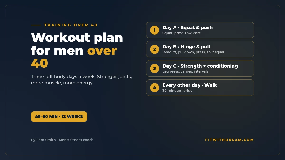 Graphic titled Workout plan for men over 40: three full-body days a week, Monday strength, Wednesday strength and power, Friday strength and conditioning, about 45 minutes each