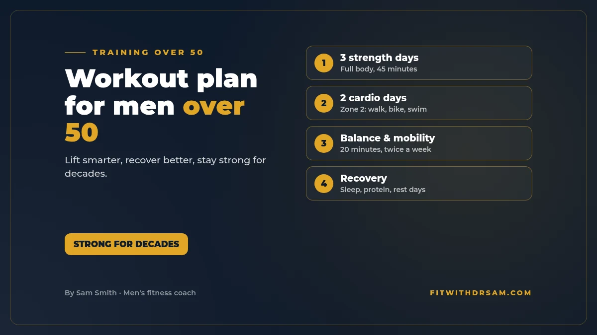 Graphic titled Workout plan for men over 50: 3 strength days, 2 cardio days, daily mobility and balance work
