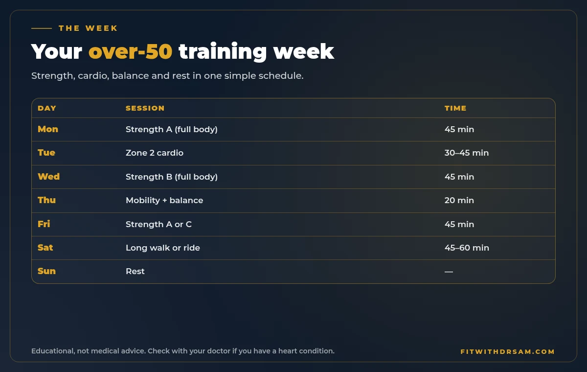 Weekly schedule for men over 50: strength on Monday, Wednesday and Friday, zone 2 cardio on Tuesday and Saturday, mobility and balance every day, Sunday rest
